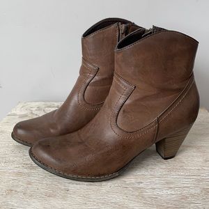 Gently worn, heeled brown booties